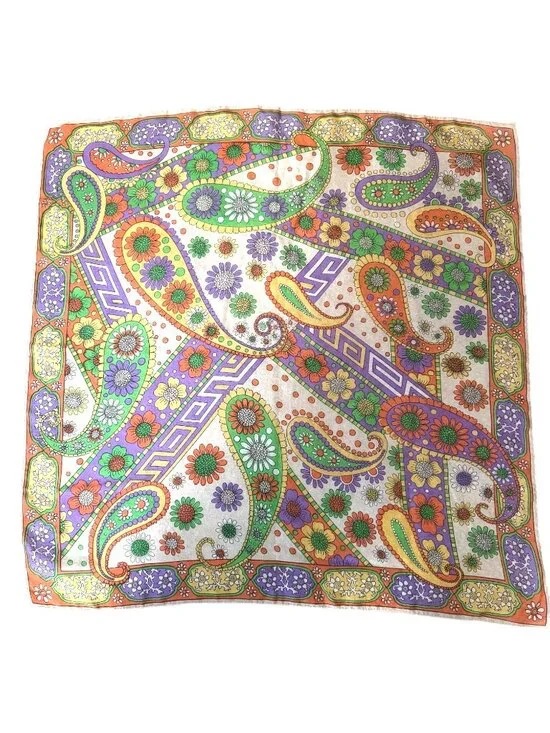 VTG Floral Paisley Print Square Scarf Purple Green Orange Bohemian Style Hippie - Picture 7 of 7